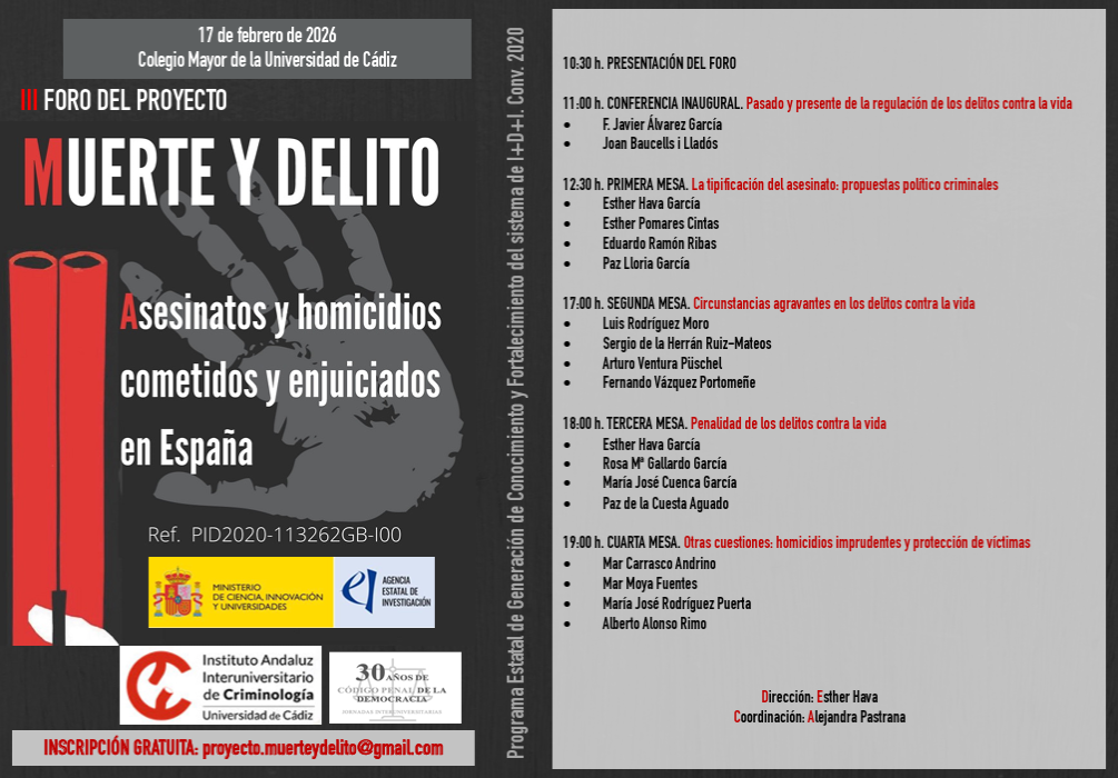 El próximo 17 de febrero se celebra el III FORO del proyecto MUERTE Y DELITO, auspiciado por el IAIC